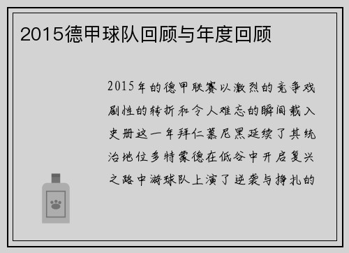 2015德甲球队回顾与年度回顾